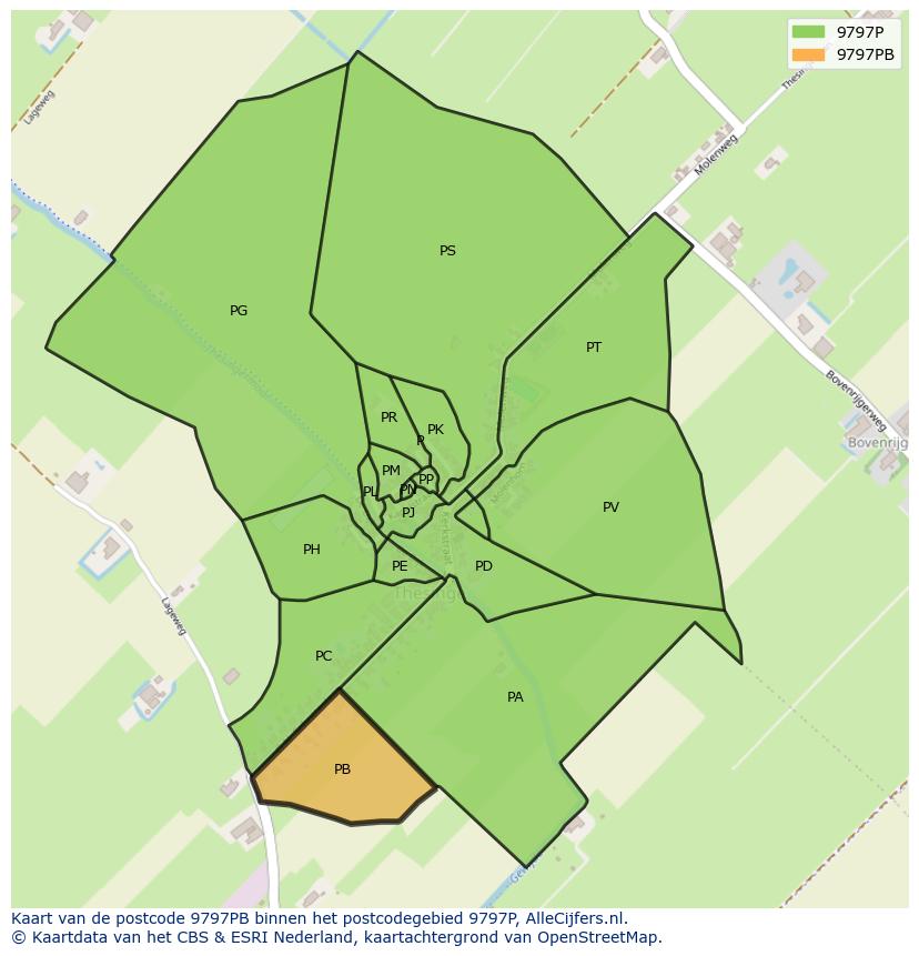 Afbeelding van het postcodegebied 9797 PB op de kaart.