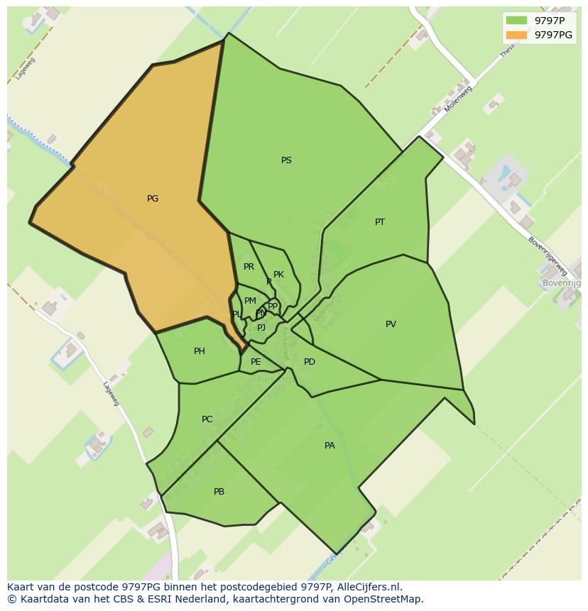 Afbeelding van het postcodegebied 9797 PG op de kaart.