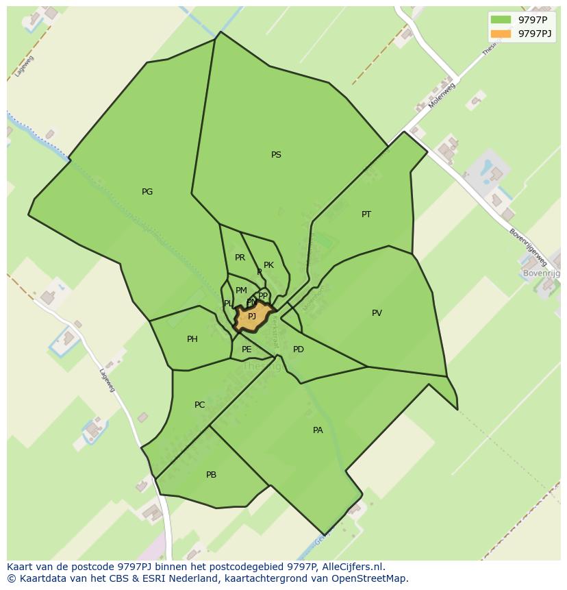 Afbeelding van het postcodegebied 9797 PJ op de kaart.