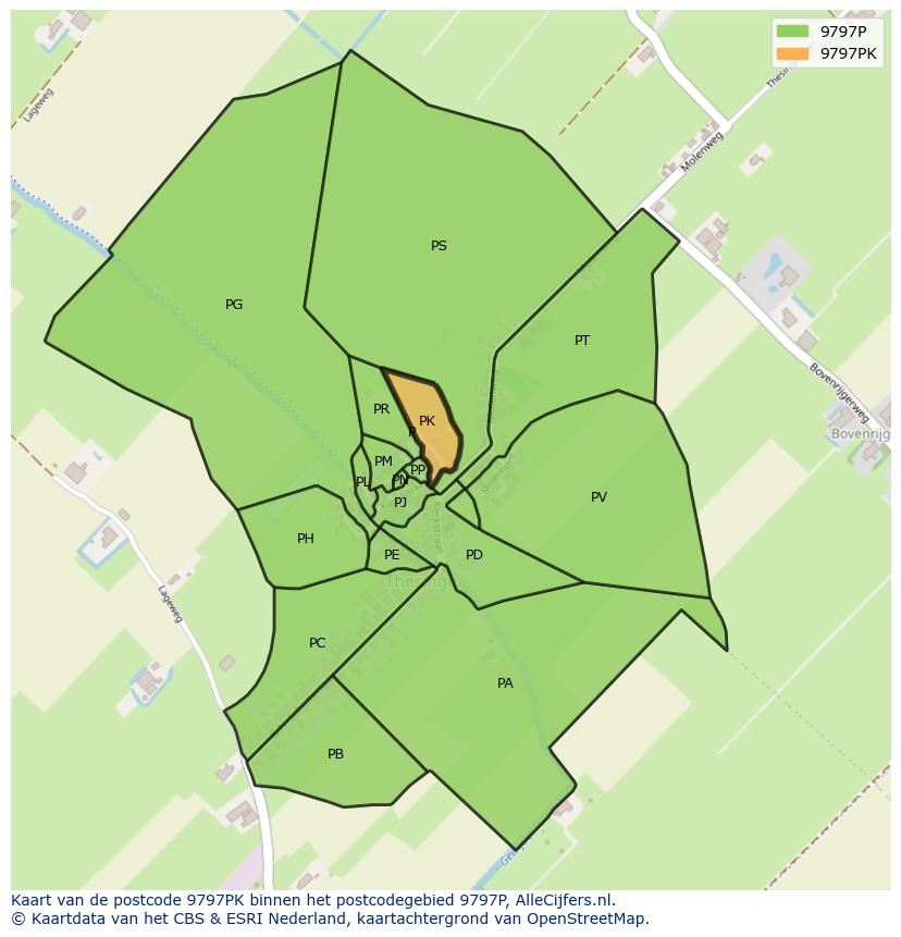Afbeelding van het postcodegebied 9797 PK op de kaart.