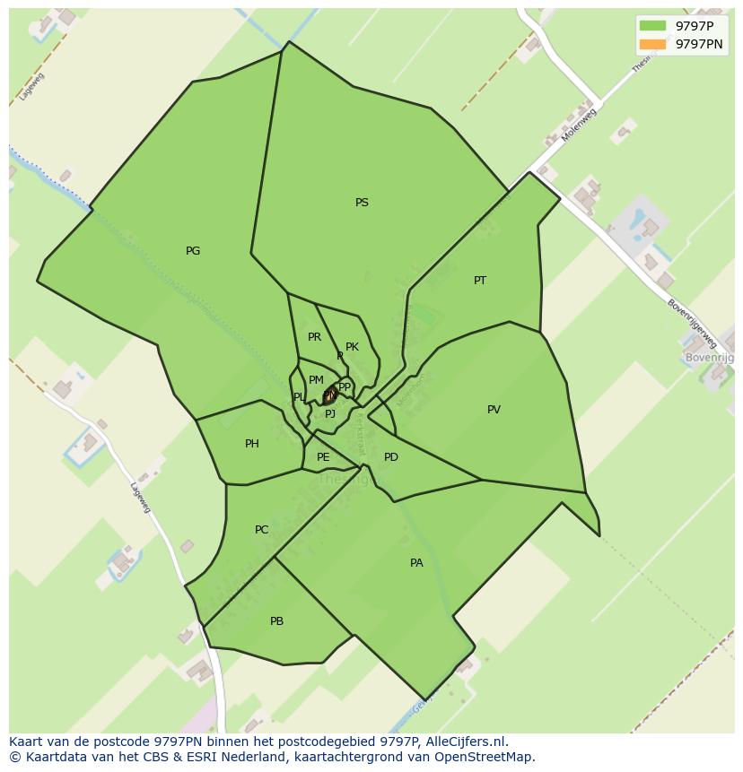 Afbeelding van het postcodegebied 9797 PN op de kaart.
