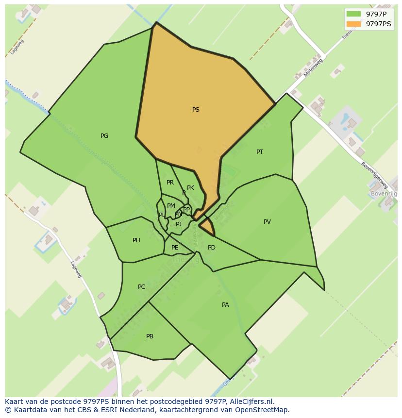 Afbeelding van het postcodegebied 9797 PS op de kaart.