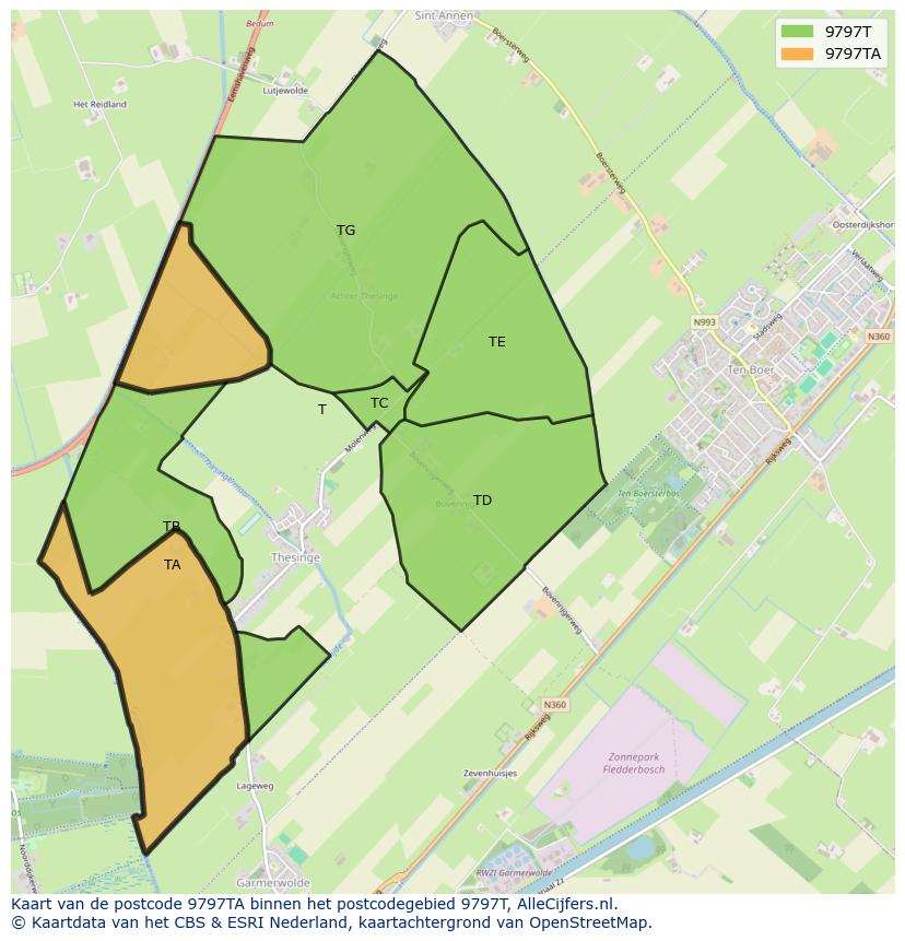 Afbeelding van het postcodegebied 9797 TA op de kaart.