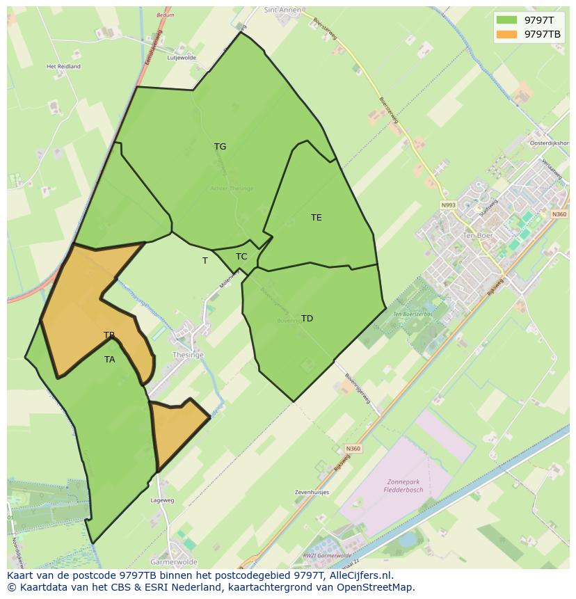 Afbeelding van het postcodegebied 9797 TB op de kaart.