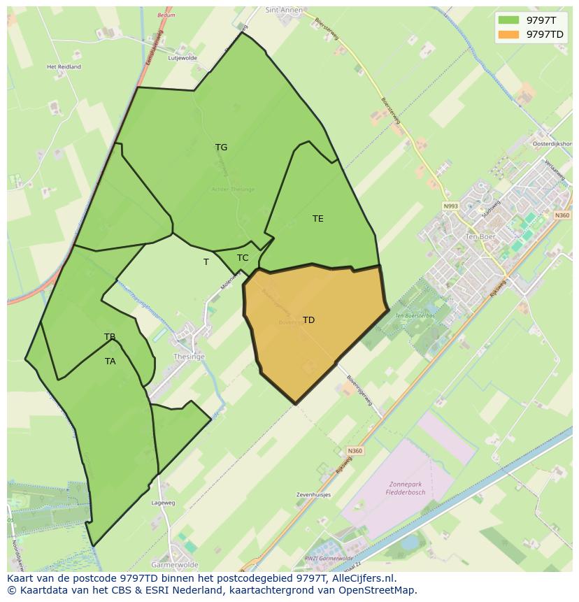 Afbeelding van het postcodegebied 9797 TD op de kaart.