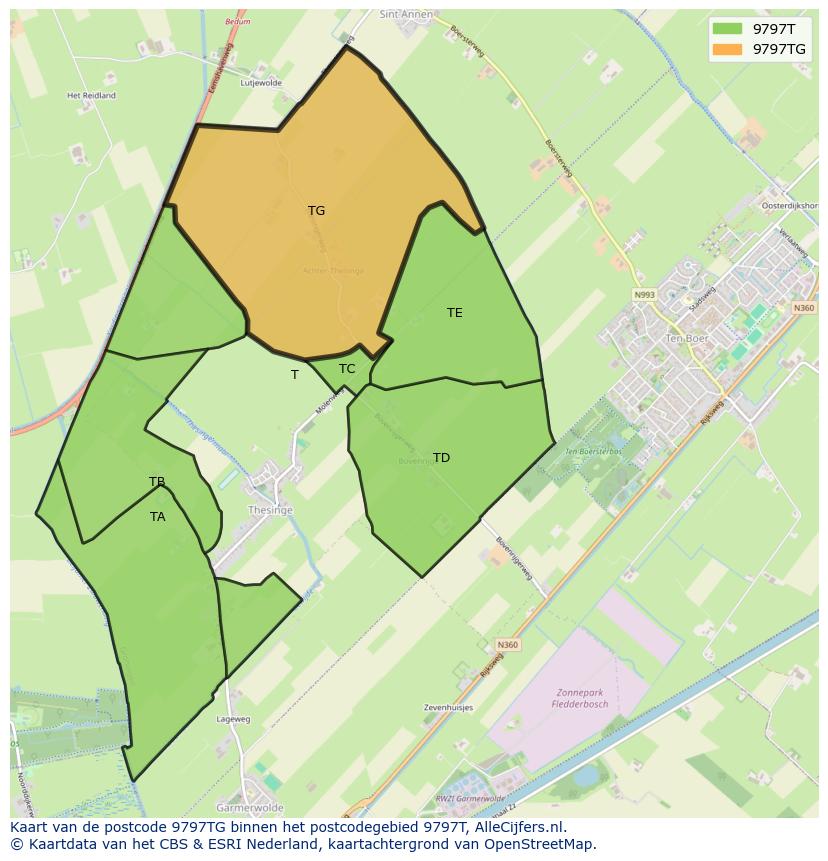 Afbeelding van het postcodegebied 9797 TG op de kaart.