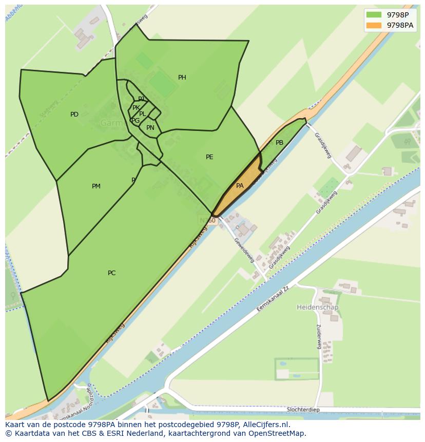 Afbeelding van het postcodegebied 9798 PA op de kaart.