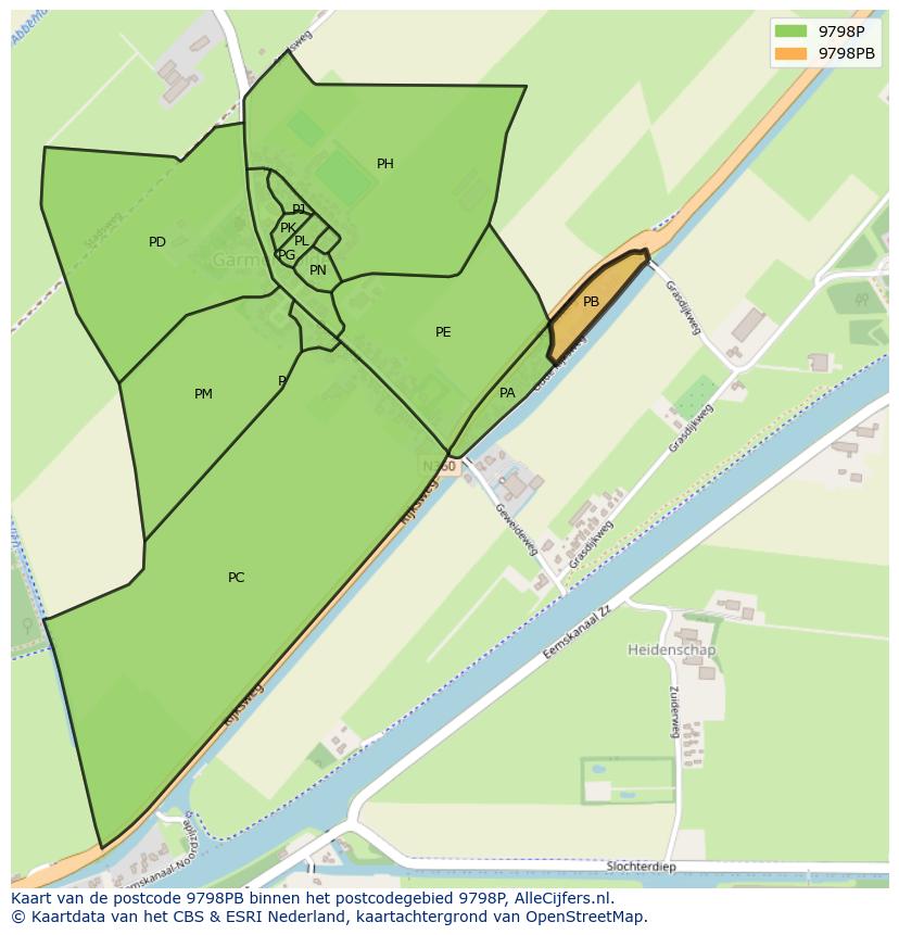 Afbeelding van het postcodegebied 9798 PB op de kaart.