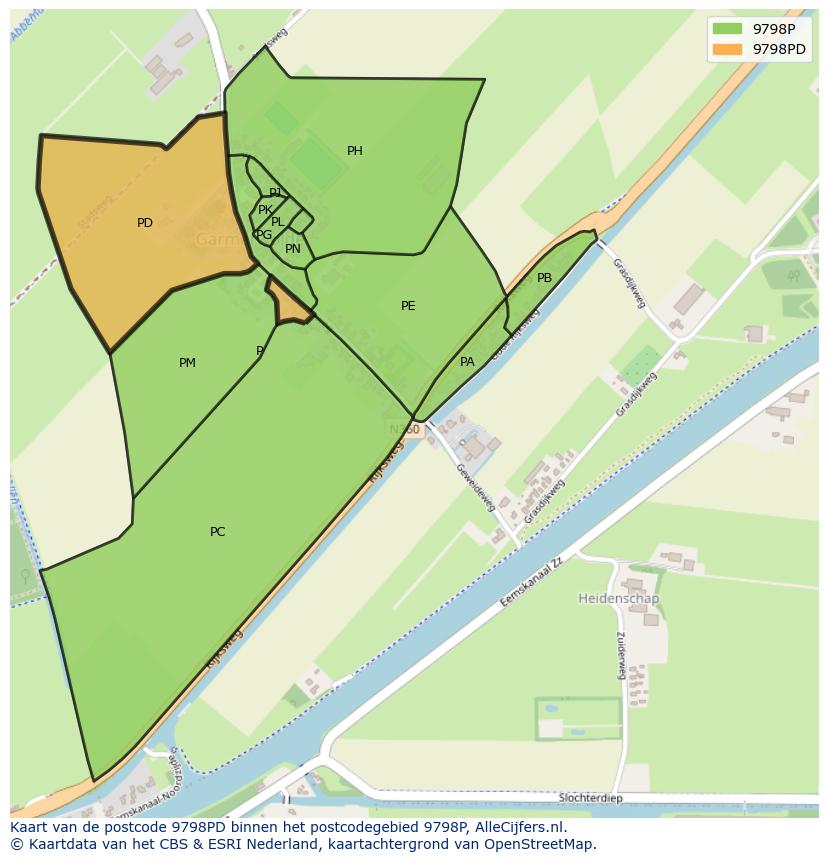 Afbeelding van het postcodegebied 9798 PD op de kaart.