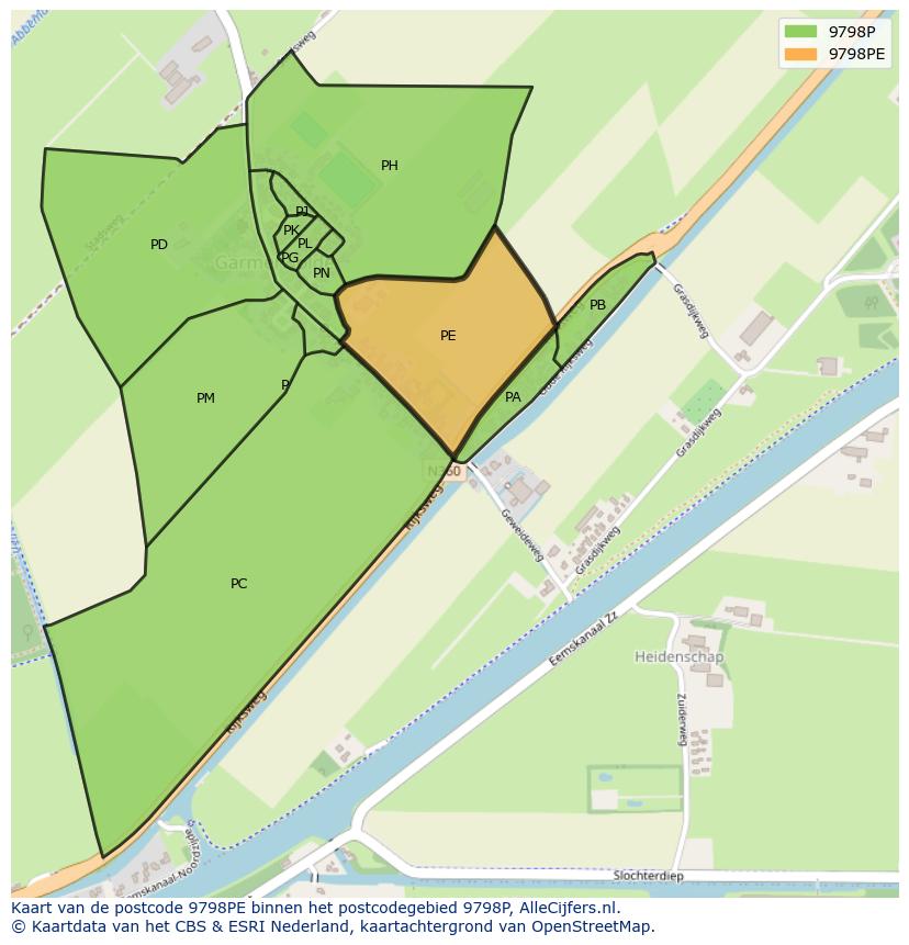 Afbeelding van het postcodegebied 9798 PE op de kaart.