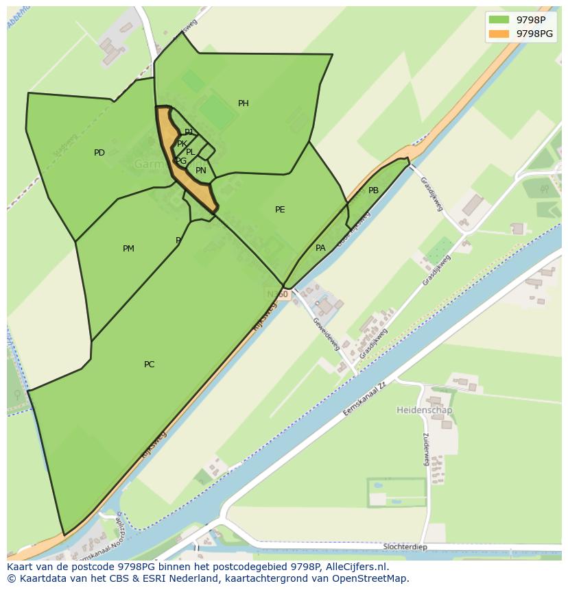 Afbeelding van het postcodegebied 9798 PG op de kaart.
