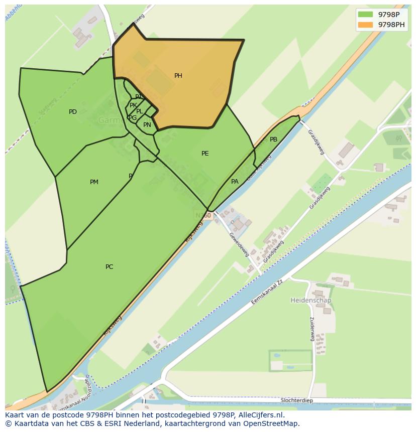 Afbeelding van het postcodegebied 9798 PH op de kaart.