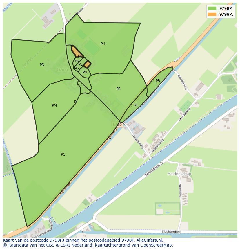 Afbeelding van het postcodegebied 9798 PJ op de kaart.