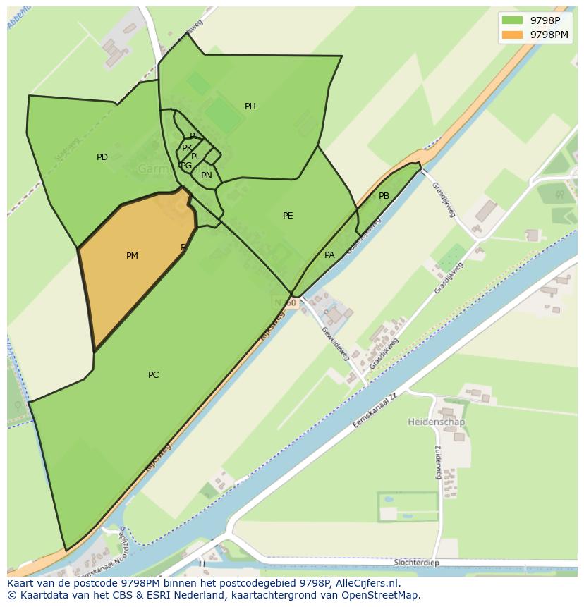 Afbeelding van het postcodegebied 9798 PM op de kaart.