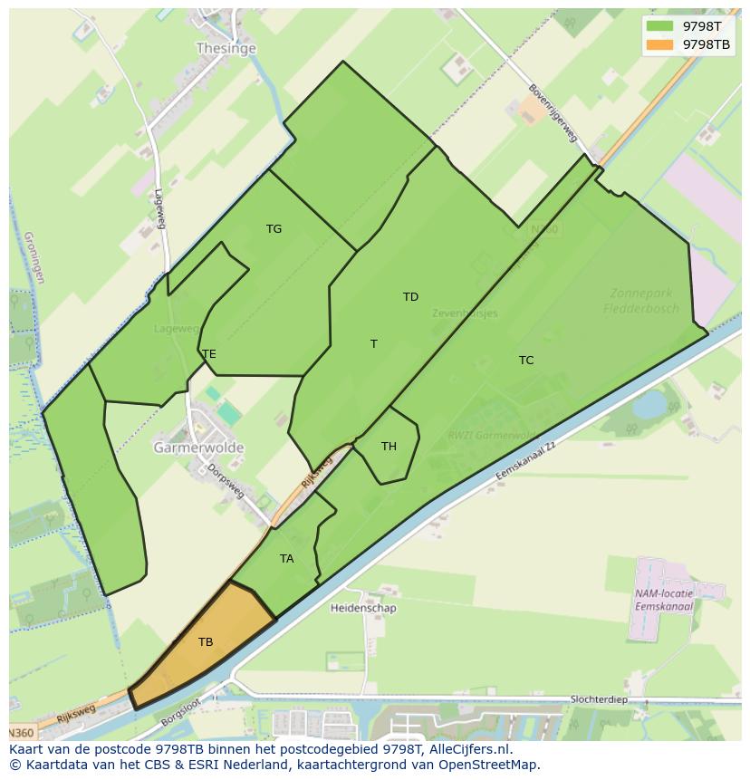 Afbeelding van het postcodegebied 9798 TB op de kaart.