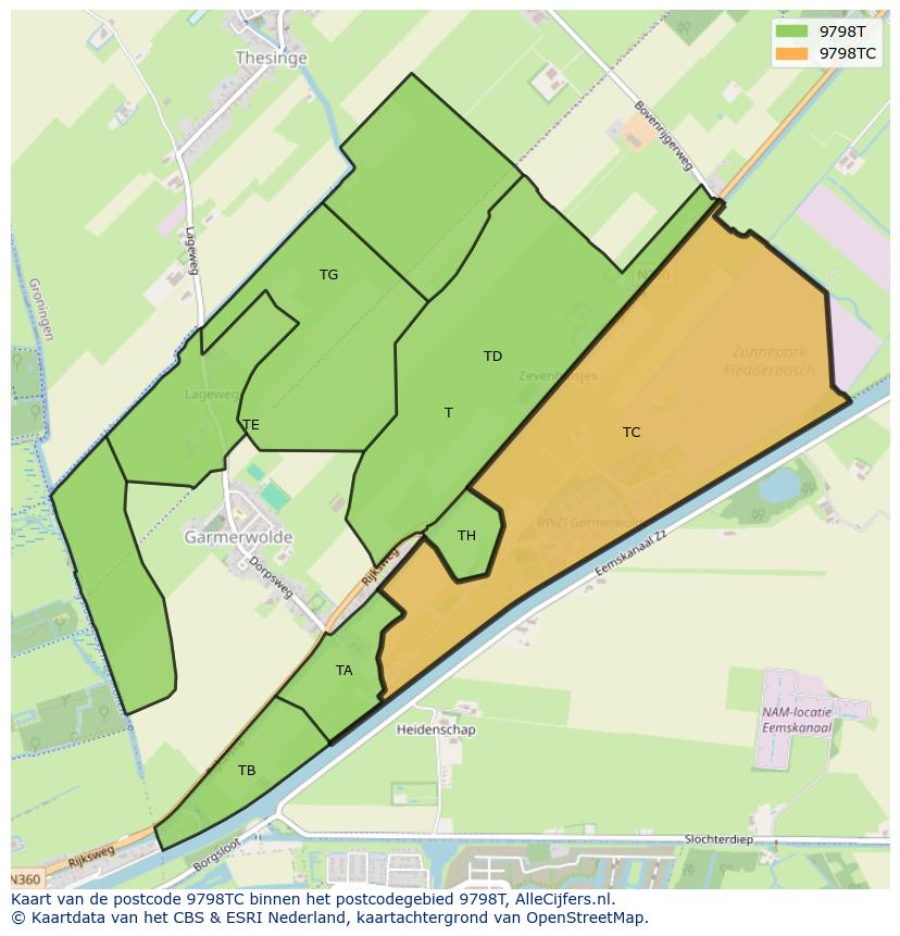 Afbeelding van het postcodegebied 9798 TC op de kaart.