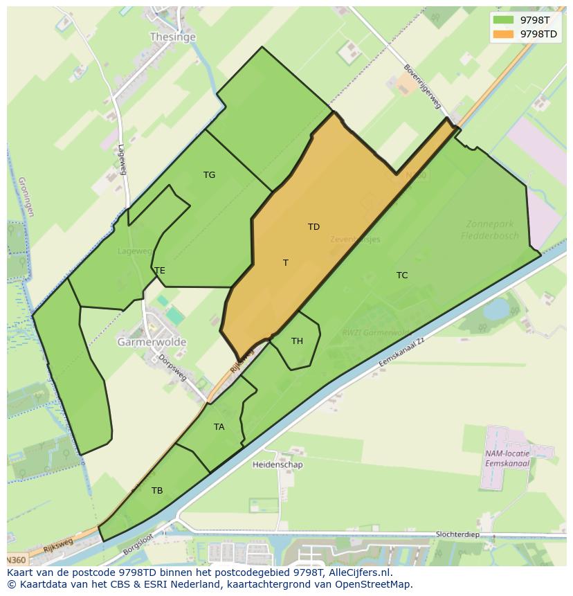 Afbeelding van het postcodegebied 9798 TD op de kaart.
