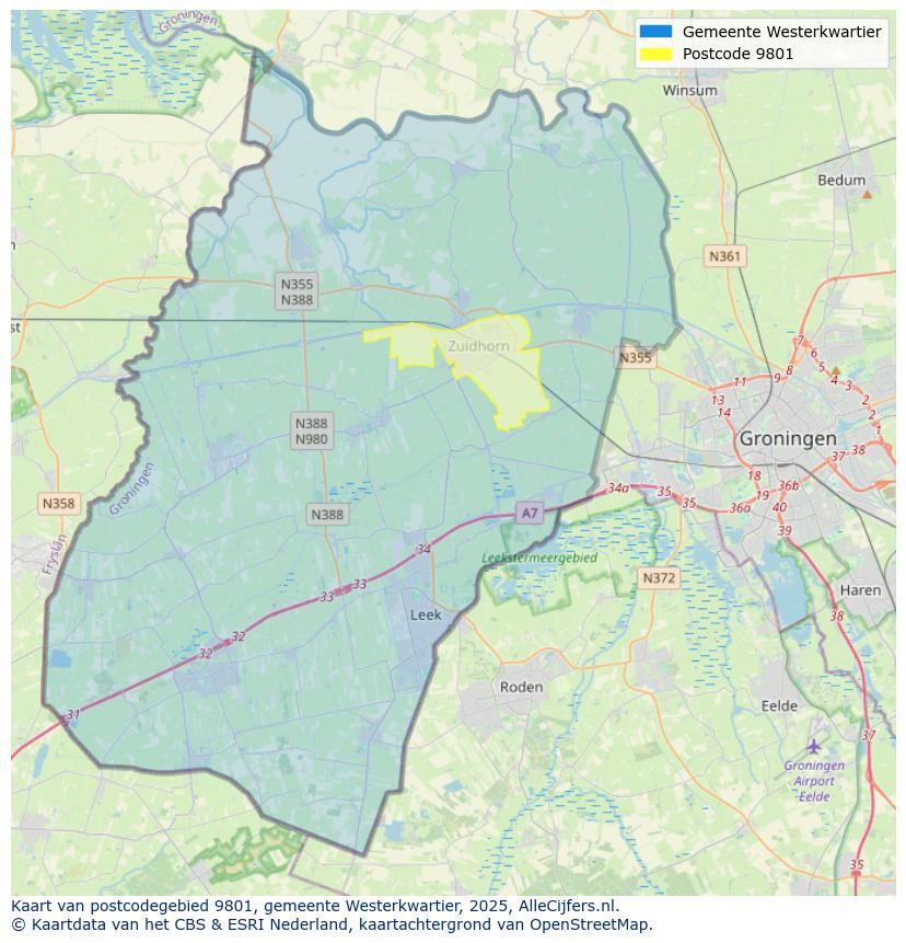 Afbeelding van het postcodegebied 9801 op de kaart.