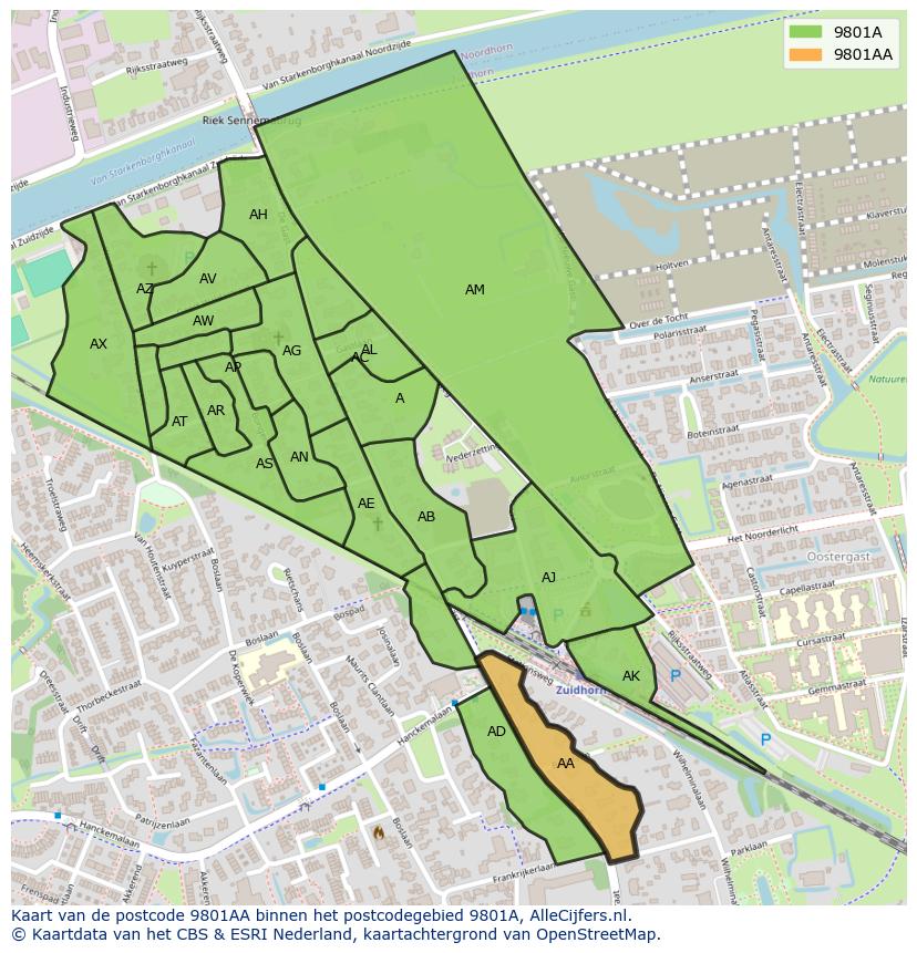 Afbeelding van het postcodegebied 9801 AA op de kaart.