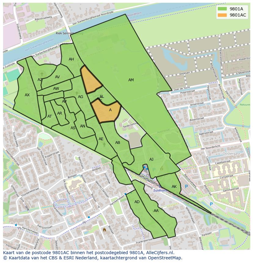 Afbeelding van het postcodegebied 9801 AC op de kaart.