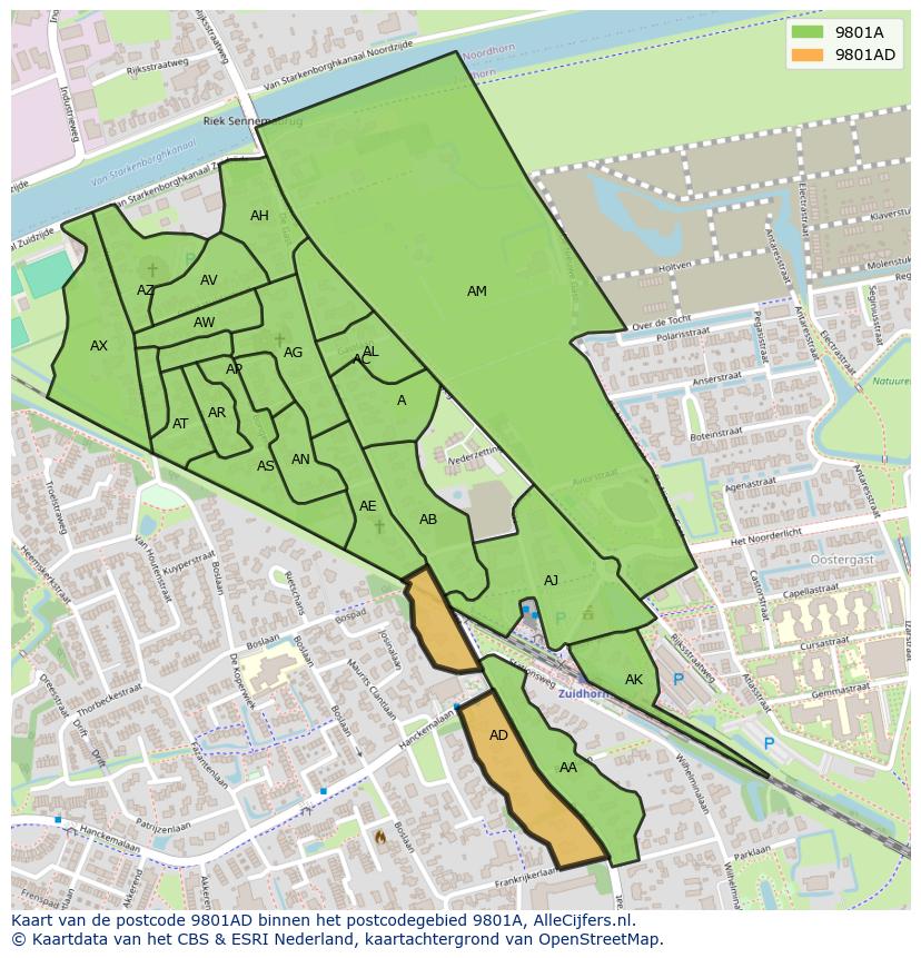 Afbeelding van het postcodegebied 9801 AD op de kaart.