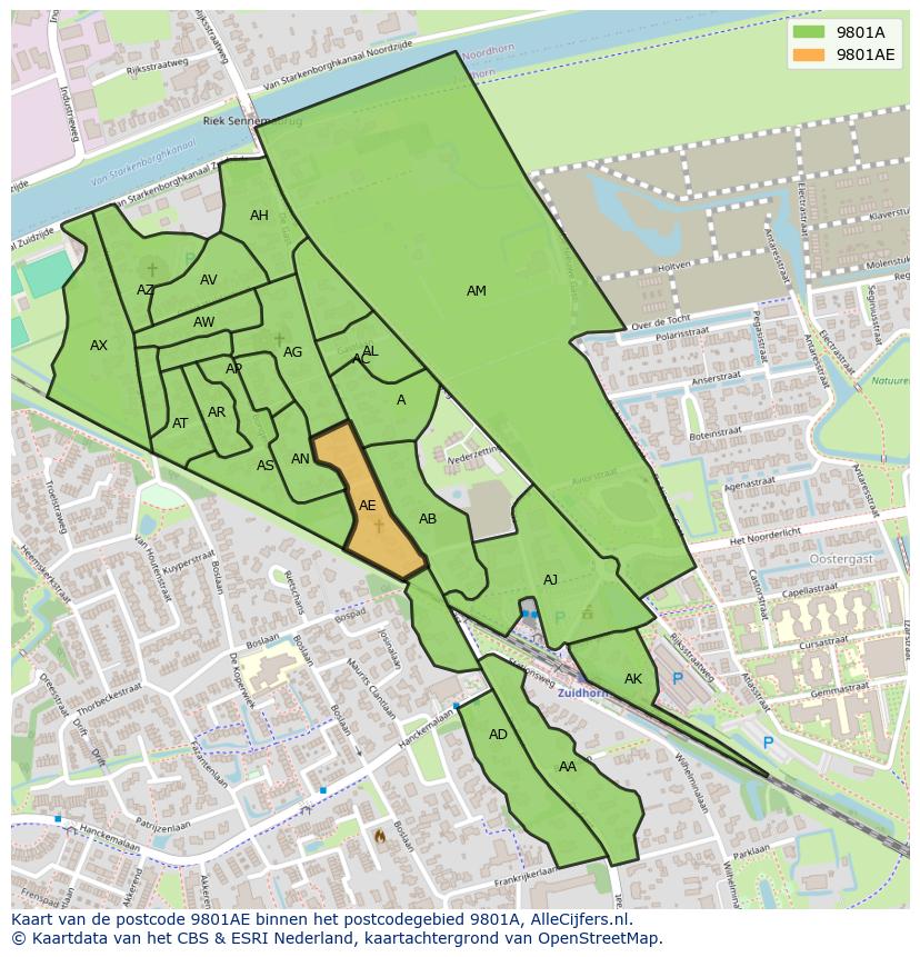 Afbeelding van het postcodegebied 9801 AE op de kaart.