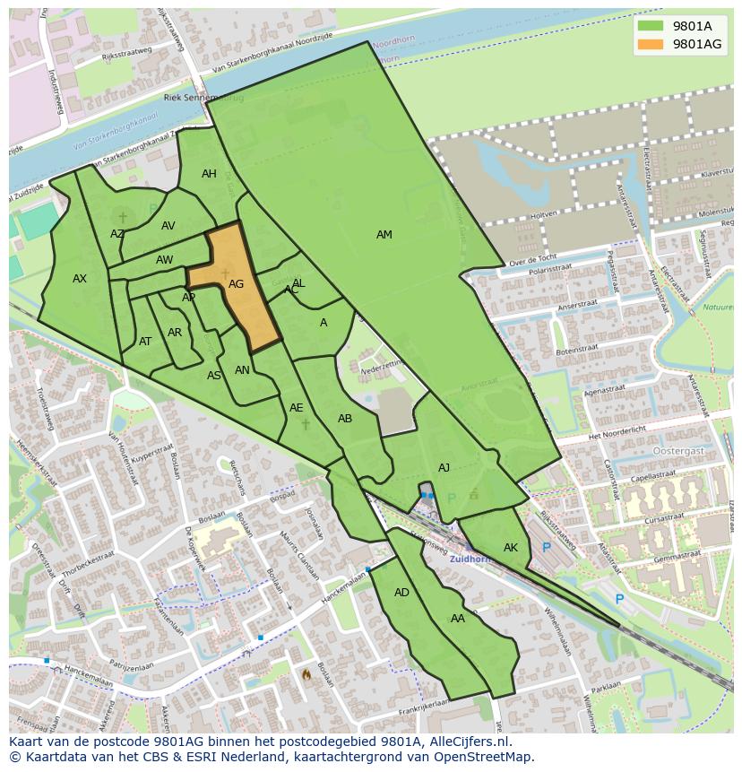 Afbeelding van het postcodegebied 9801 AG op de kaart.