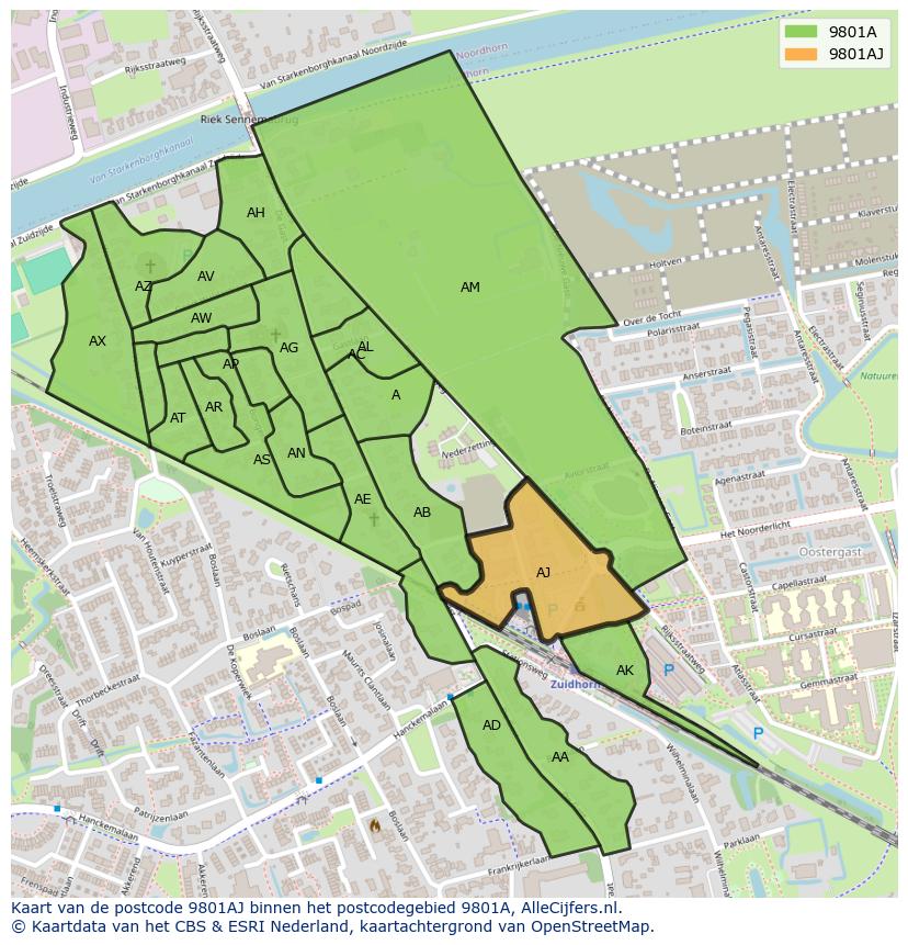 Afbeelding van het postcodegebied 9801 AJ op de kaart.