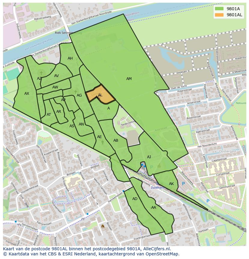 Afbeelding van het postcodegebied 9801 AL op de kaart.