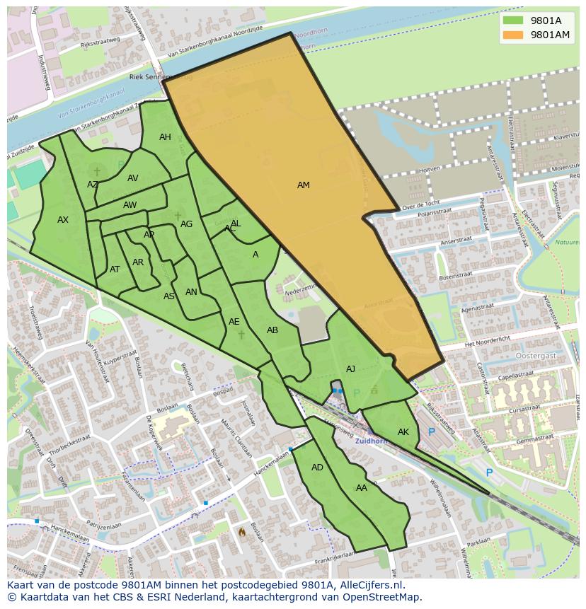 Afbeelding van het postcodegebied 9801 AM op de kaart.