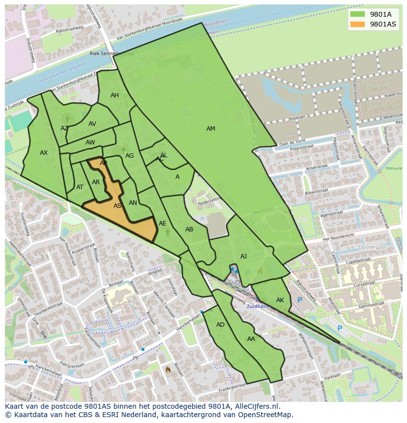 Afbeelding van het postcodegebied 9801 AS op de kaart.
