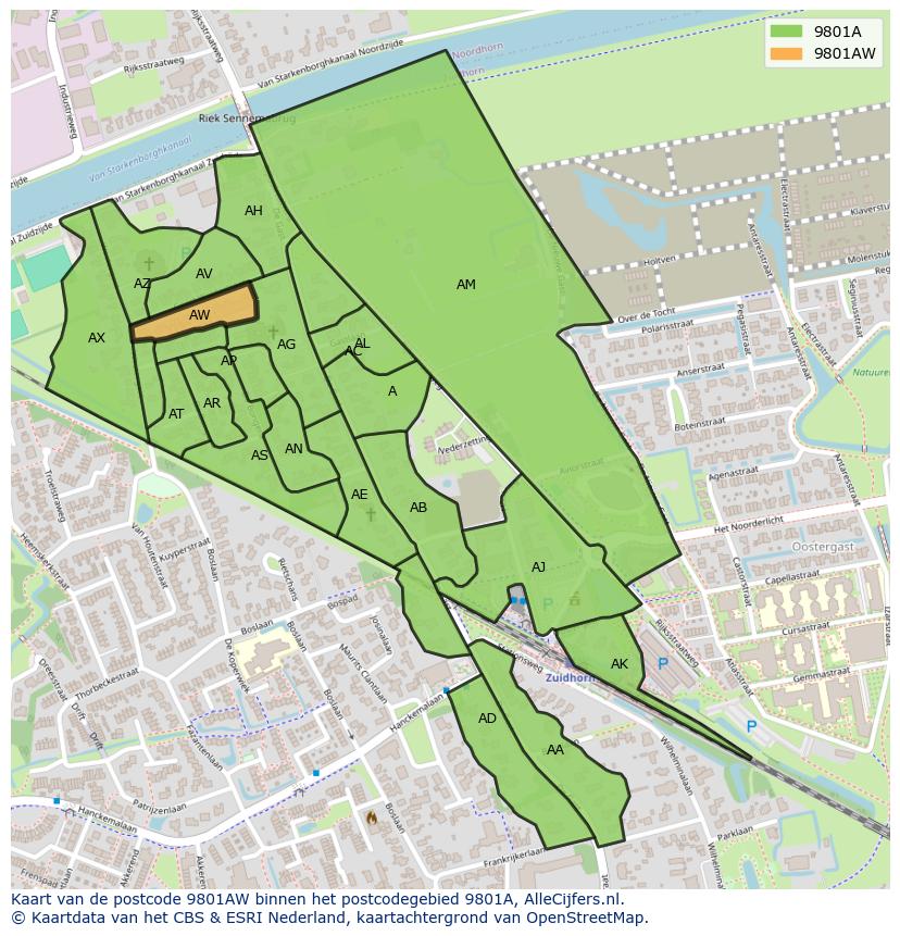 Afbeelding van het postcodegebied 9801 AW op de kaart.