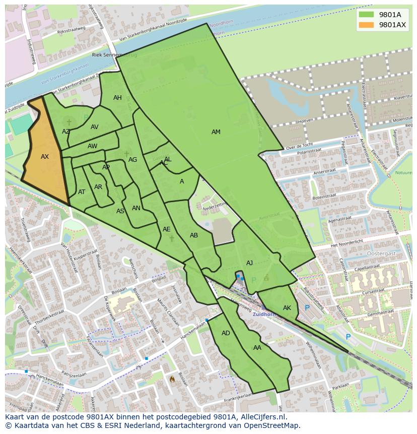 Afbeelding van het postcodegebied 9801 AX op de kaart.