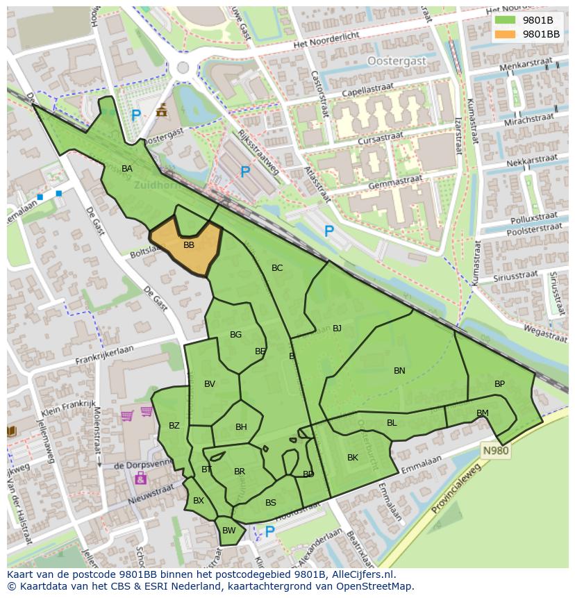 Afbeelding van het postcodegebied 9801 BB op de kaart.