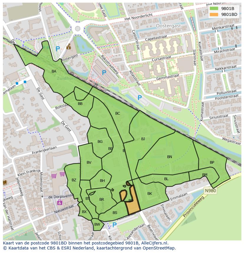 Afbeelding van het postcodegebied 9801 BD op de kaart.