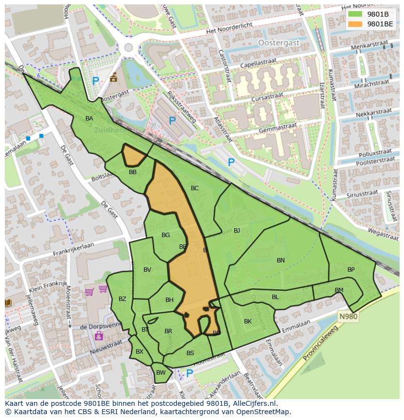 Afbeelding van het postcodegebied 9801 BE op de kaart.