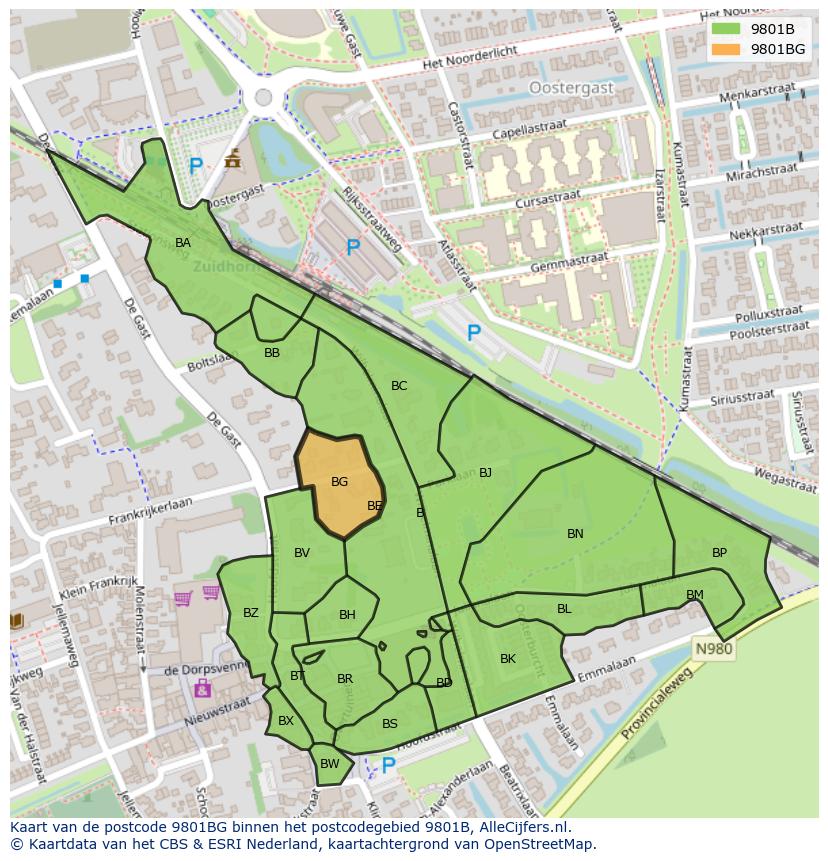 Afbeelding van het postcodegebied 9801 BG op de kaart.