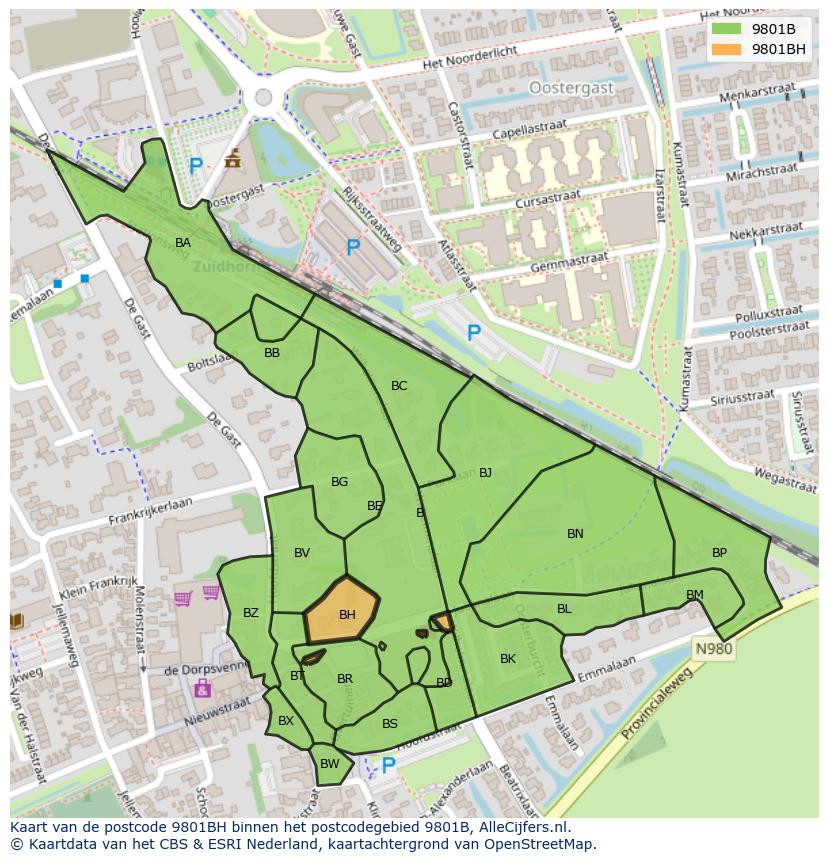 Afbeelding van het postcodegebied 9801 BH op de kaart.