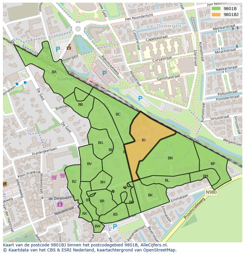 Afbeelding van het postcodegebied 9801 BJ op de kaart.