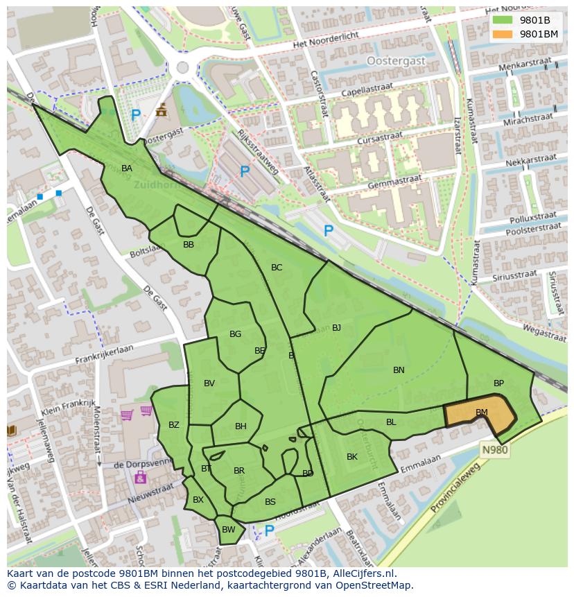 Afbeelding van het postcodegebied 9801 BM op de kaart.