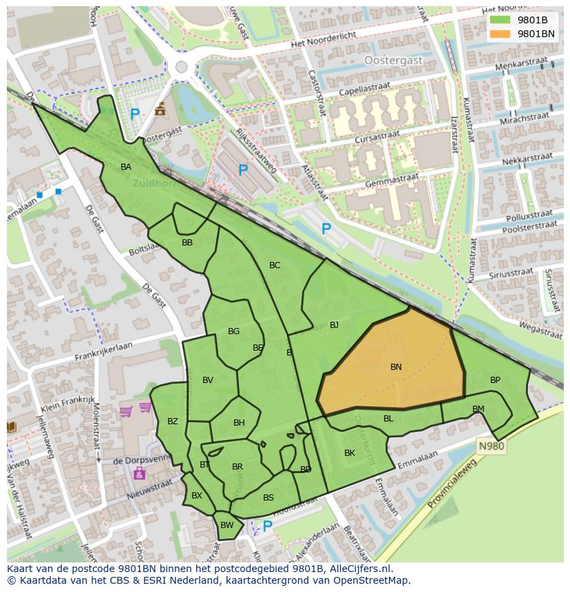 Afbeelding van het postcodegebied 9801 BN op de kaart.