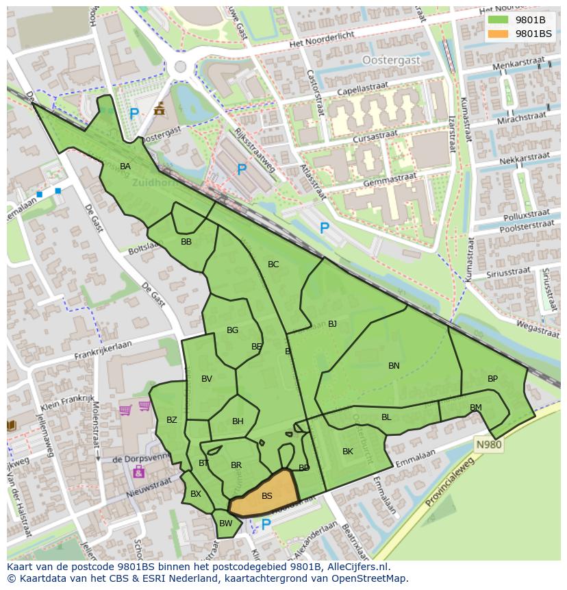 Afbeelding van het postcodegebied 9801 BS op de kaart.