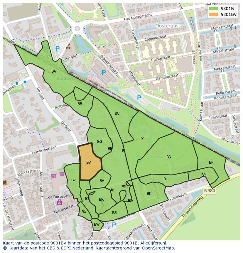 Afbeelding van het postcodegebied 9801 BV op de kaart.