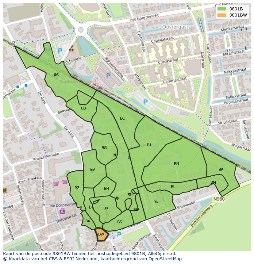 Afbeelding van het postcodegebied 9801 BW op de kaart.