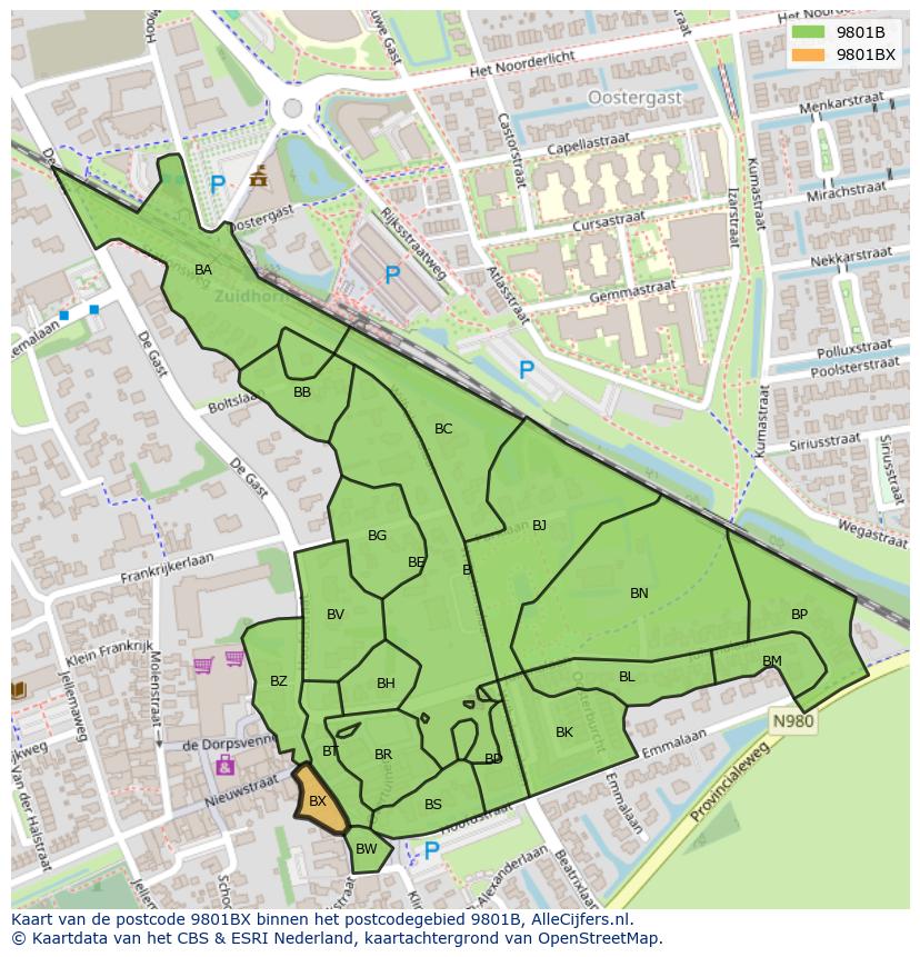 Afbeelding van het postcodegebied 9801 BX op de kaart.