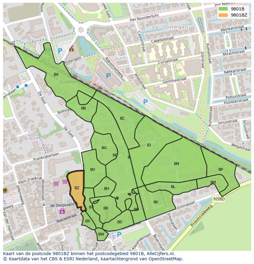 Afbeelding van het postcodegebied 9801 BZ op de kaart.