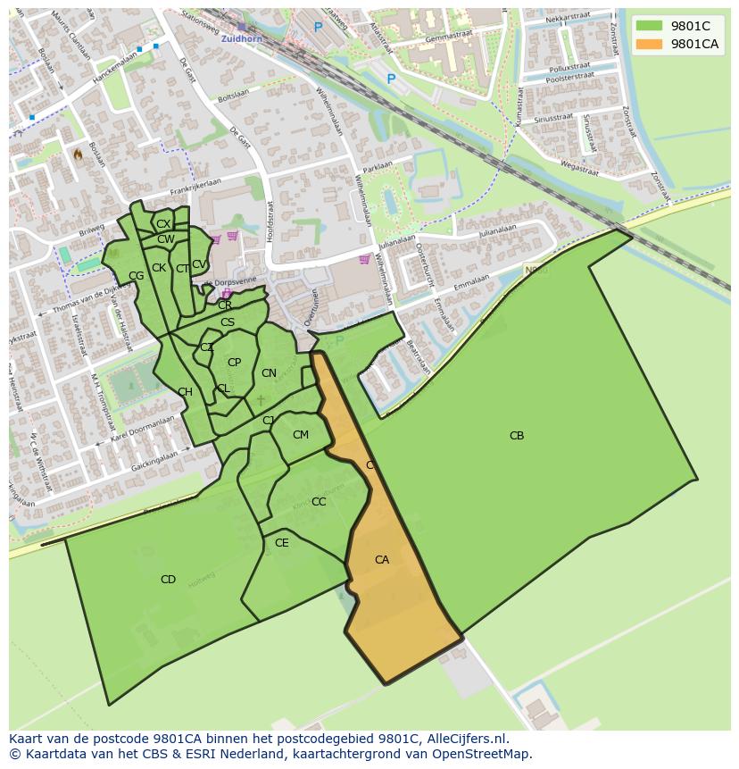 Afbeelding van het postcodegebied 9801 CA op de kaart.