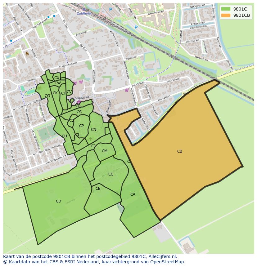 Afbeelding van het postcodegebied 9801 CB op de kaart.
