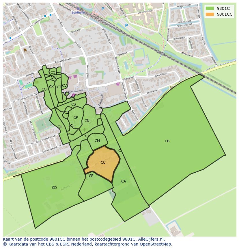 Afbeelding van het postcodegebied 9801 CC op de kaart.