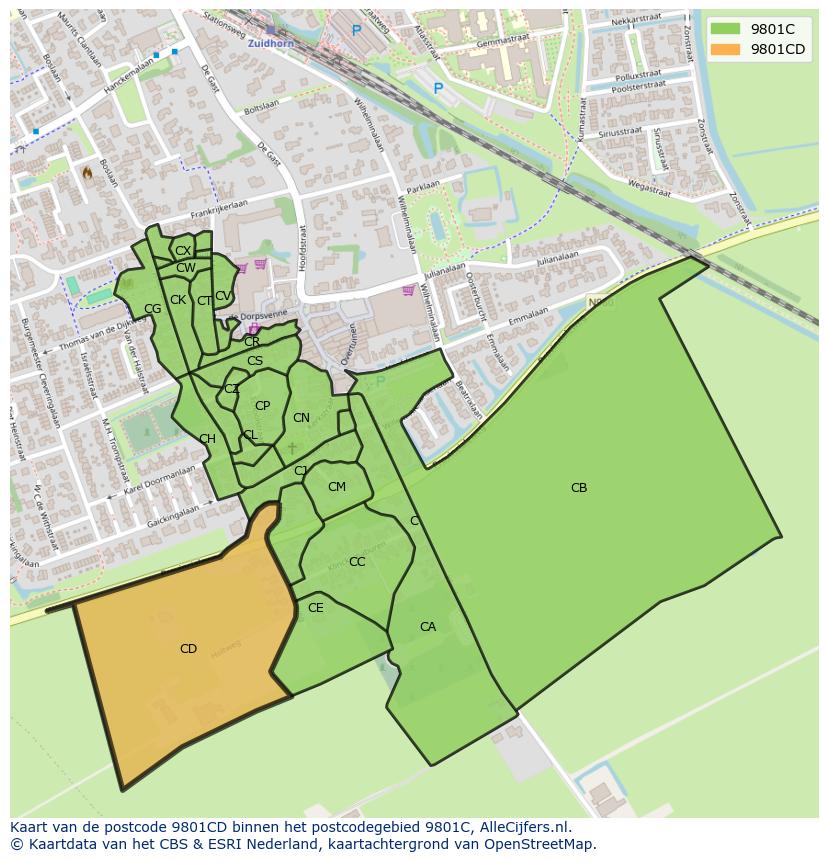 Afbeelding van het postcodegebied 9801 CD op de kaart.